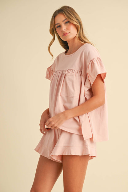 IST5851 PLEATED TUNIC BABYDOLL TOP AND  RUFFLED SHORTS SET
: MAUVE / M