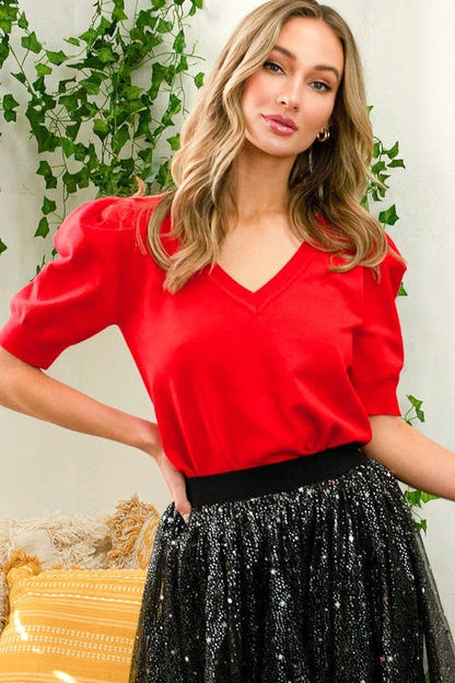 V-Neckline Short Puff Sleeve Knitted Sweater Top VT81349: Red / S