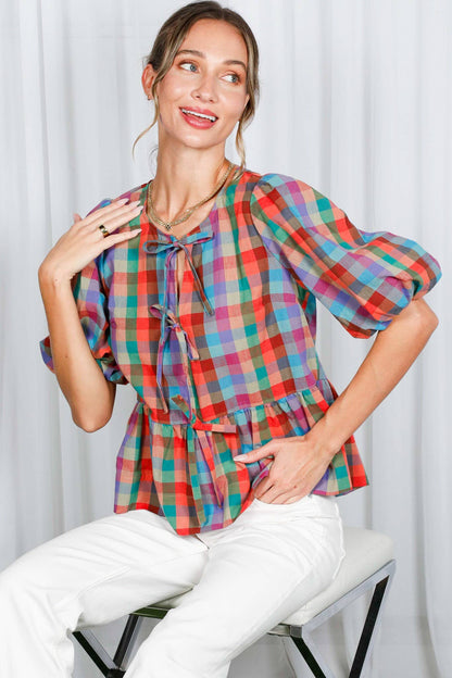 1/3 Open Self Tie Front Plaid Cotton Blouse VT82595A: Multi / S