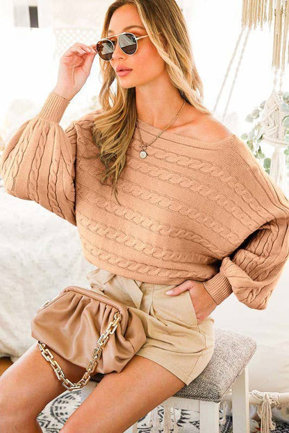 Boat Neck Dolman Sleeves Cable Knitted Sweater VT31753: GREEN / M