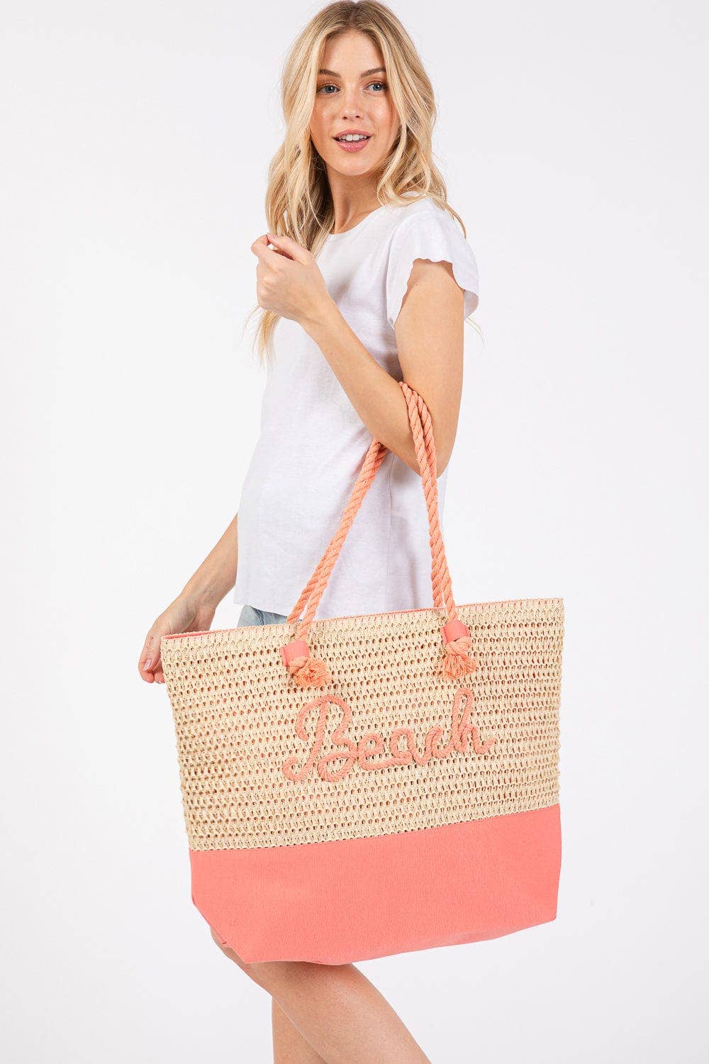 MB0266 Sewn Rope Beach Letter Color Straw Tote Bag: Hot Pink