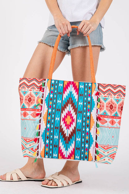 MB0302 Brianne Aztec Print Fringe Tote Bag