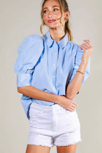 Collared Neck Short Puff Sleeve Striped Blouse VT81707: Black / L