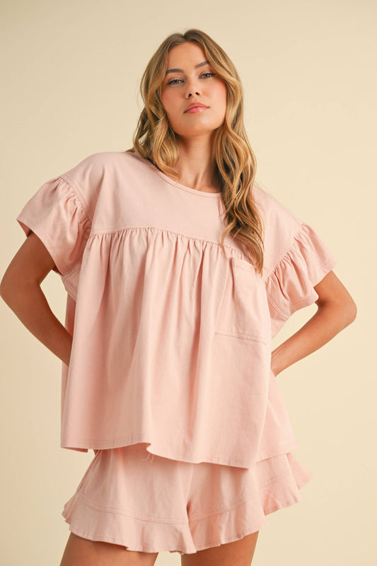 IST5851 PLEATED TUNIC BABYDOLL TOP AND  RUFFLED SHORTS SET
: MAUVE / S