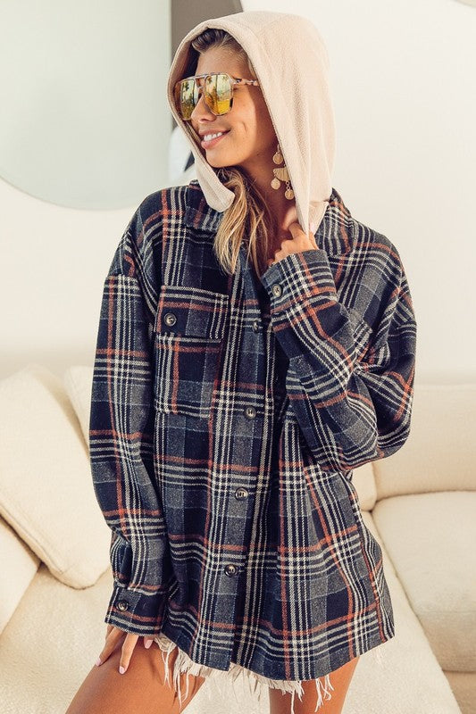 Vintage Plaid Shacket with fleece hood