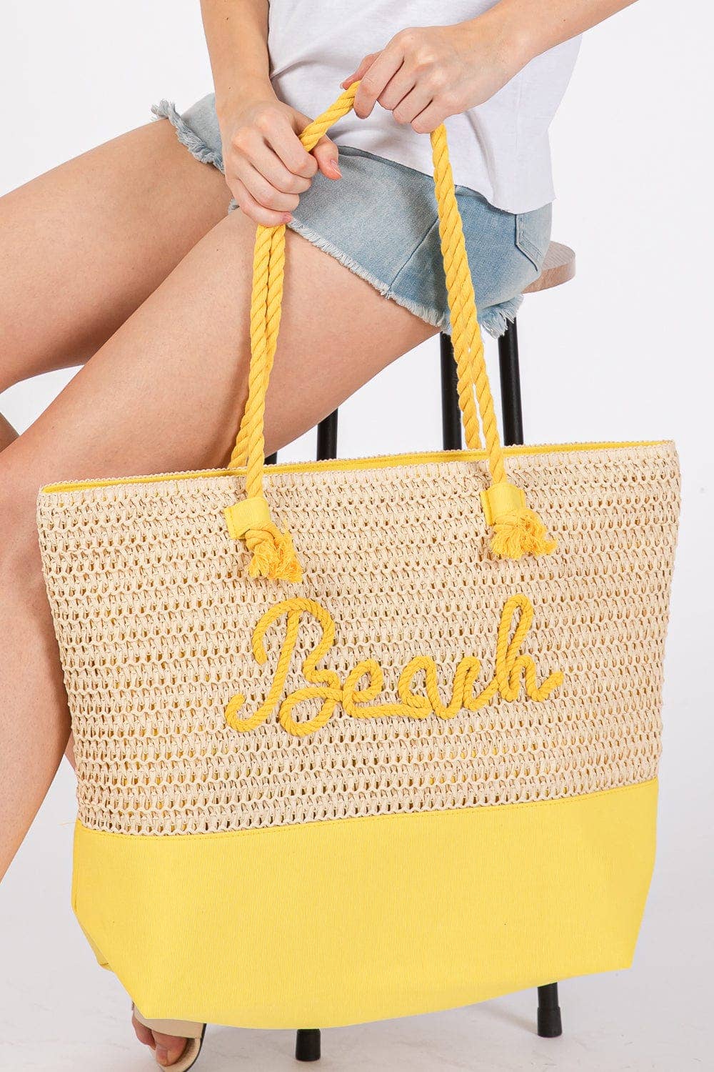 MB0266 Sewn Rope Beach Letter Color Straw Tote Bag: Hot Pink