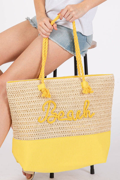 MB0266 Sewn Rope Beach Letter Color Straw Tote Bag: Hot Pink