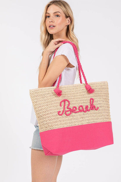 MB0266 Sewn Rope Beach Letter Color Straw Tote Bag: Hot Pink