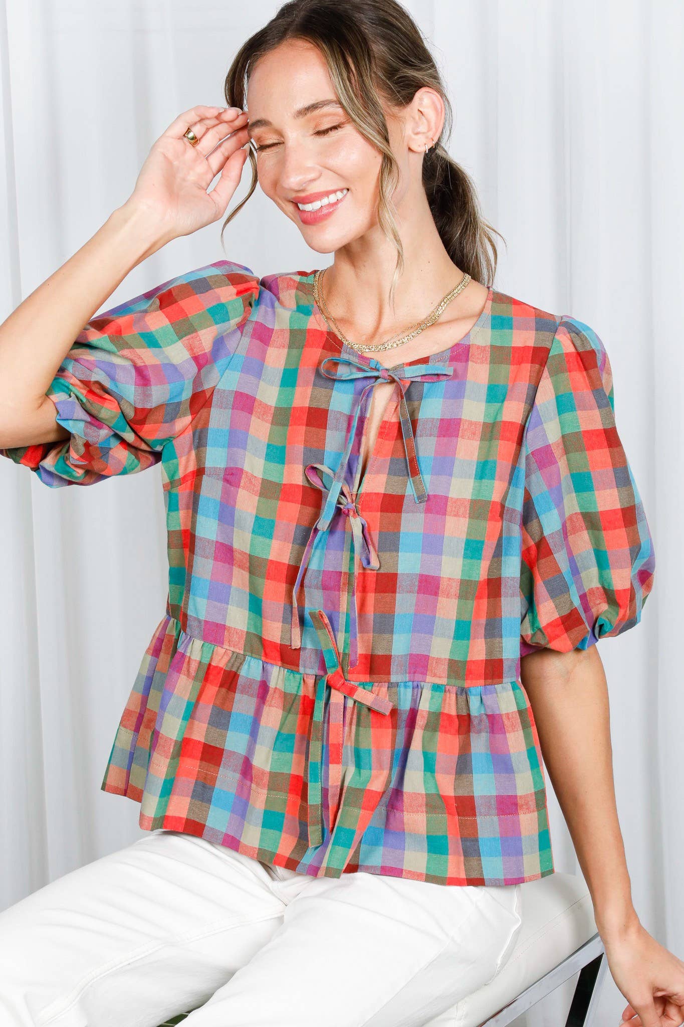 1/3 Open Self Tie Front Plaid Cotton Blouse VT82595A: Multi / M