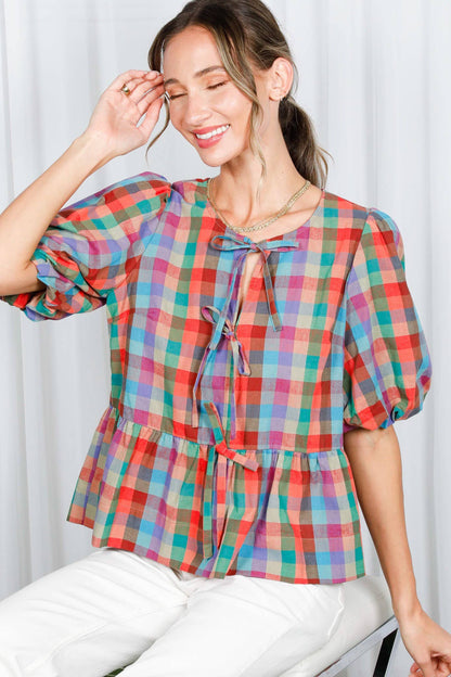 1/3 Open Self Tie Front Plaid Cotton Blouse VT82595A: Multi / M
