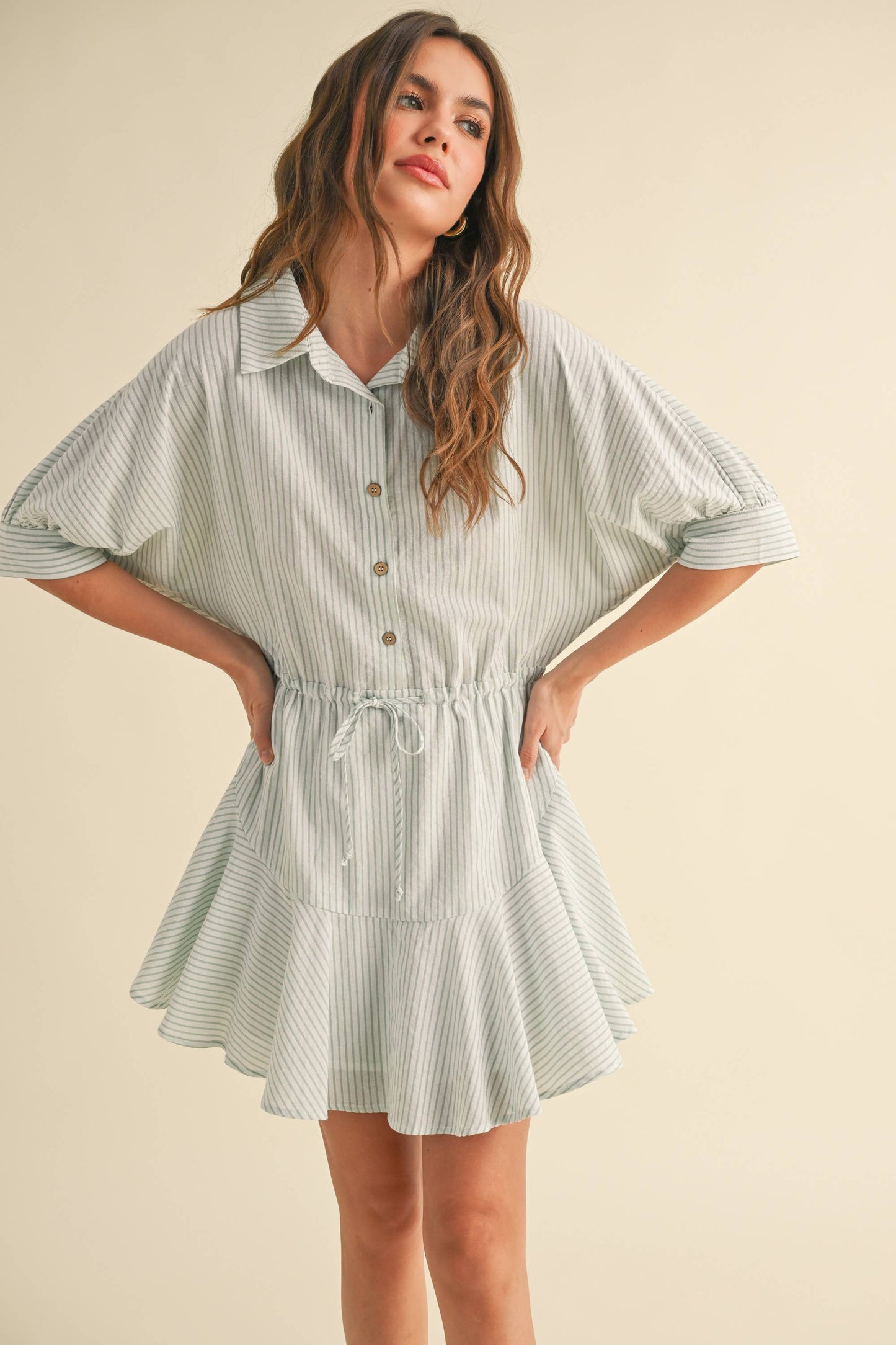D2240   STRIPED PATTERN BUTTONDOWN SHIRT DRESS: SAGE STRIPE