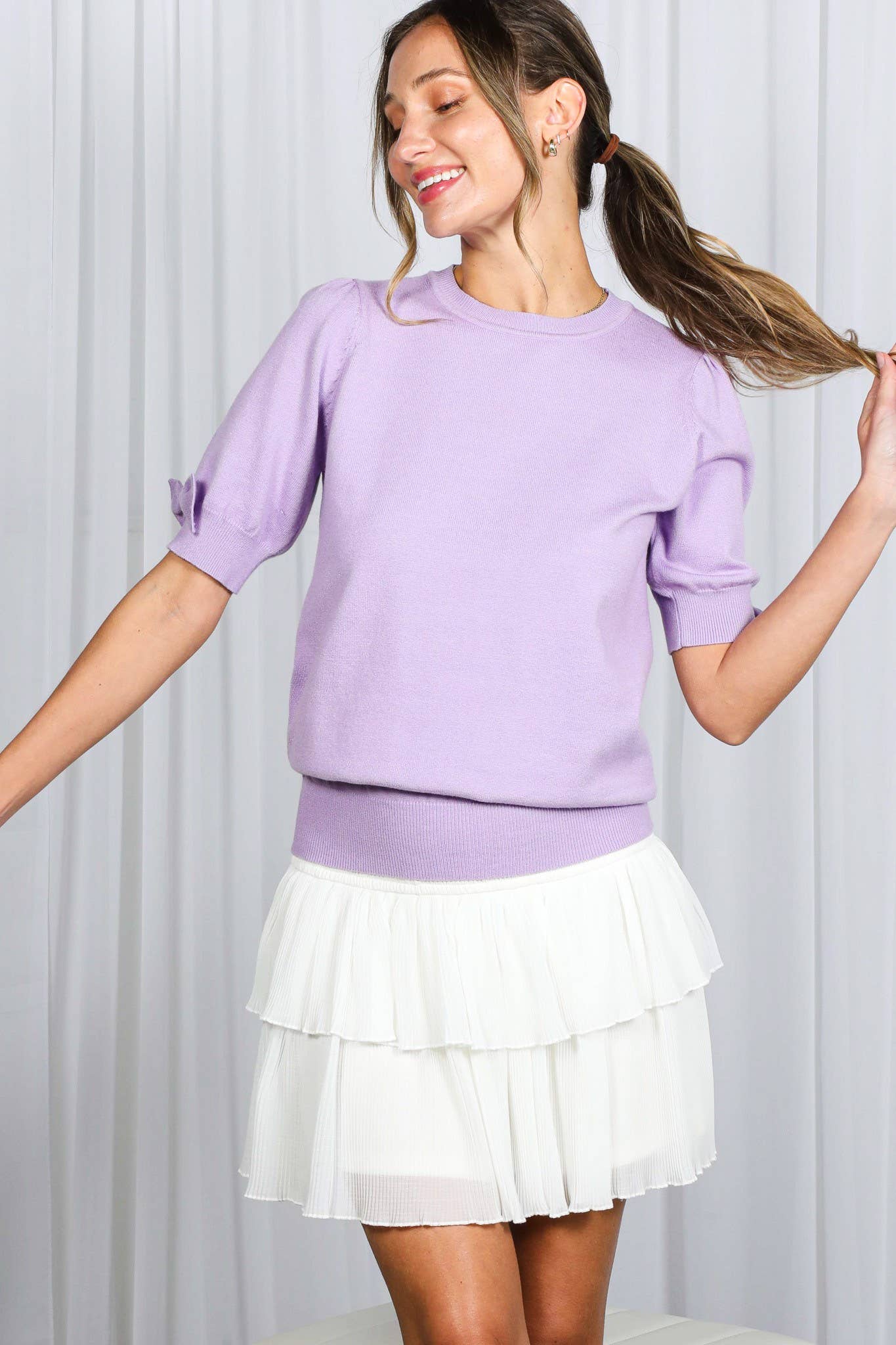 Bow Design Puff Sleeve Crew Neck Knitted Sweater Top VT82670: Blue / M