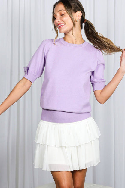Bow Design Puff Sleeve Crew Neck Knitted Sweater Top VT82670: Blue / M