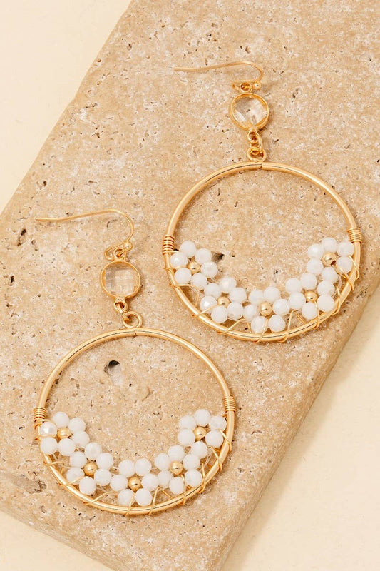 Multi Beaded Flowers Hoop Dangle Earrings: WHITEGD