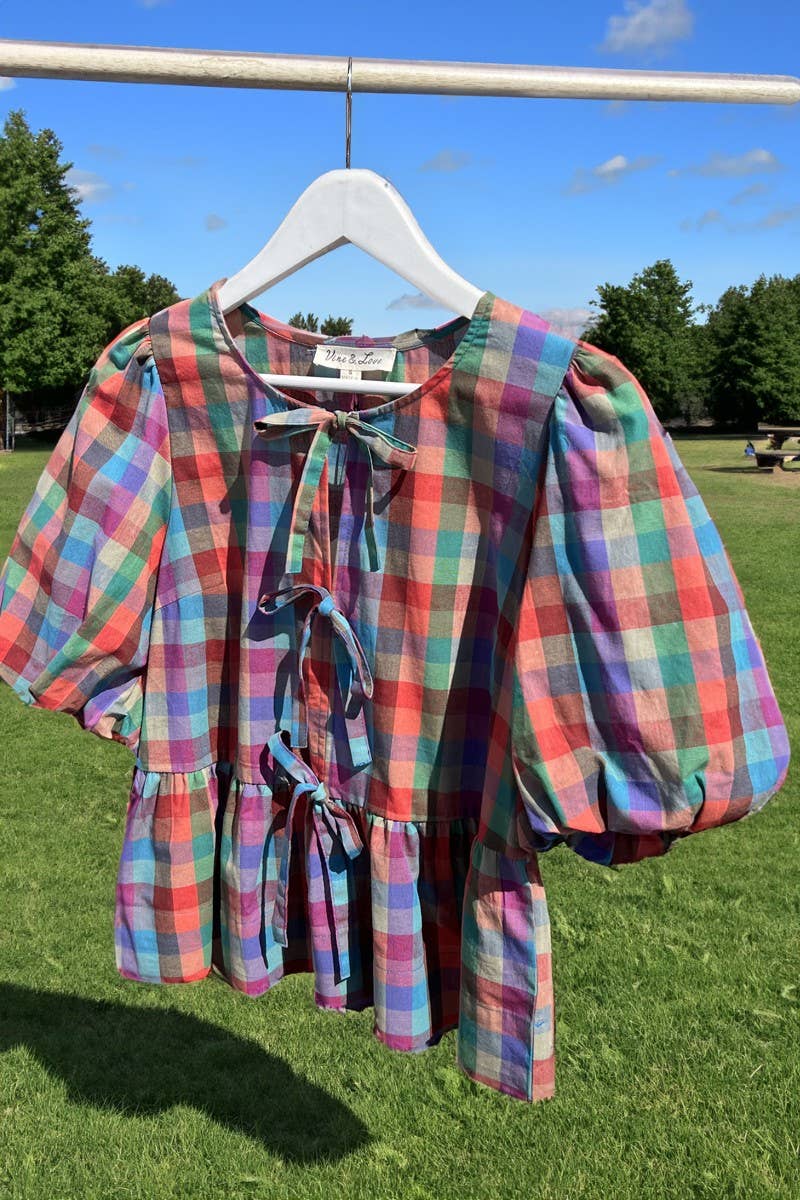 1/3 Open Self Tie Front Plaid Cotton Blouse VT82595A: Multi / S