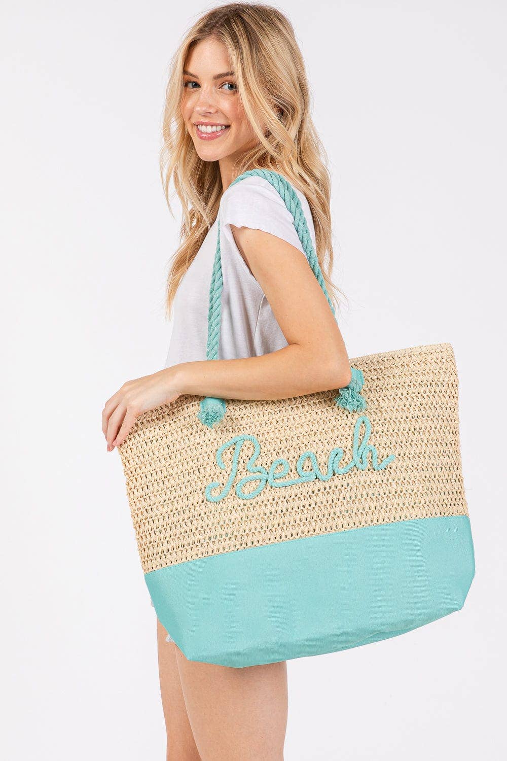 MB0266 Sewn Rope Beach Letter Color Straw Tote Bag: Hot Pink