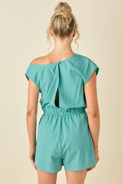 Draped unbalanced drop shoulder romper: AQUA / L