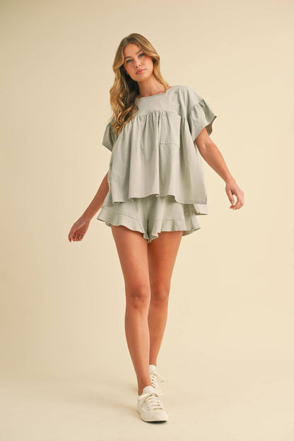 IST5851 PLEATED TUNIC BABYDOLL TOP AND  RUFFLED SHORTS SET
: MAUVE / M
