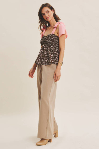 ROMANTIC FLORAL FLOWY SMOCKED TOP WITH BOW STRAPS : IVORY/BLUE / S