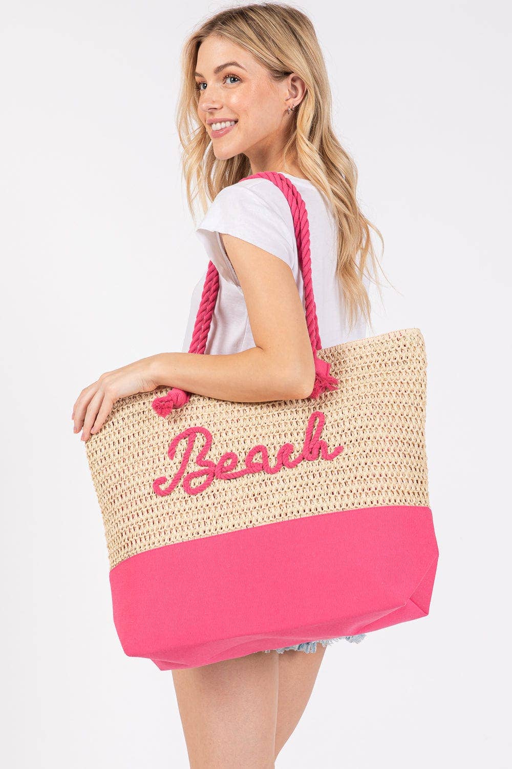 MB0266 Sewn Rope Beach Letter Color Straw Tote Bag: Hot Pink