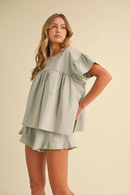IST5851 PLEATED TUNIC BABYDOLL TOP AND  RUFFLED SHORTS SET
: MAUVE / M
