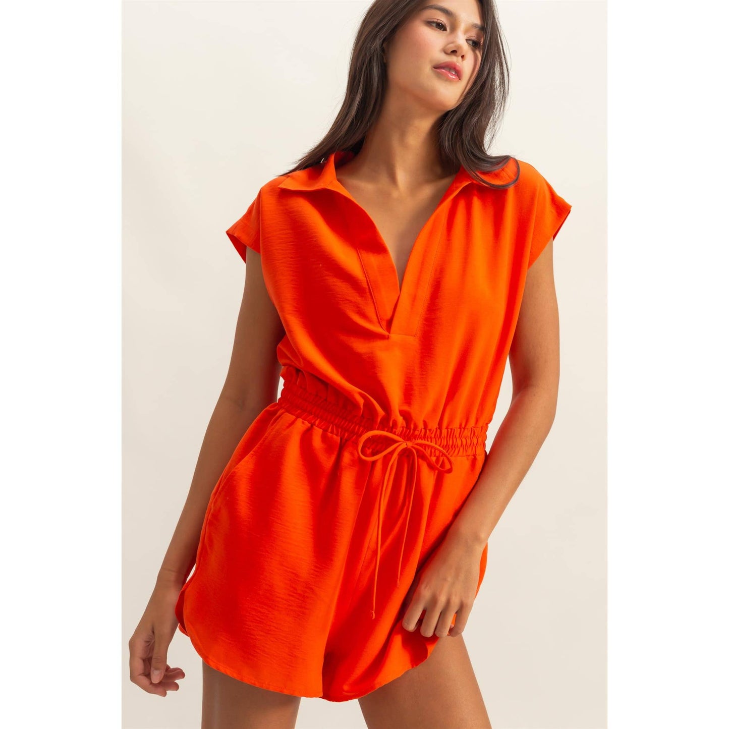 DZ25C253-Collared Romper with Buttonless Placket: BLACK / S-M-L(2-2-2)