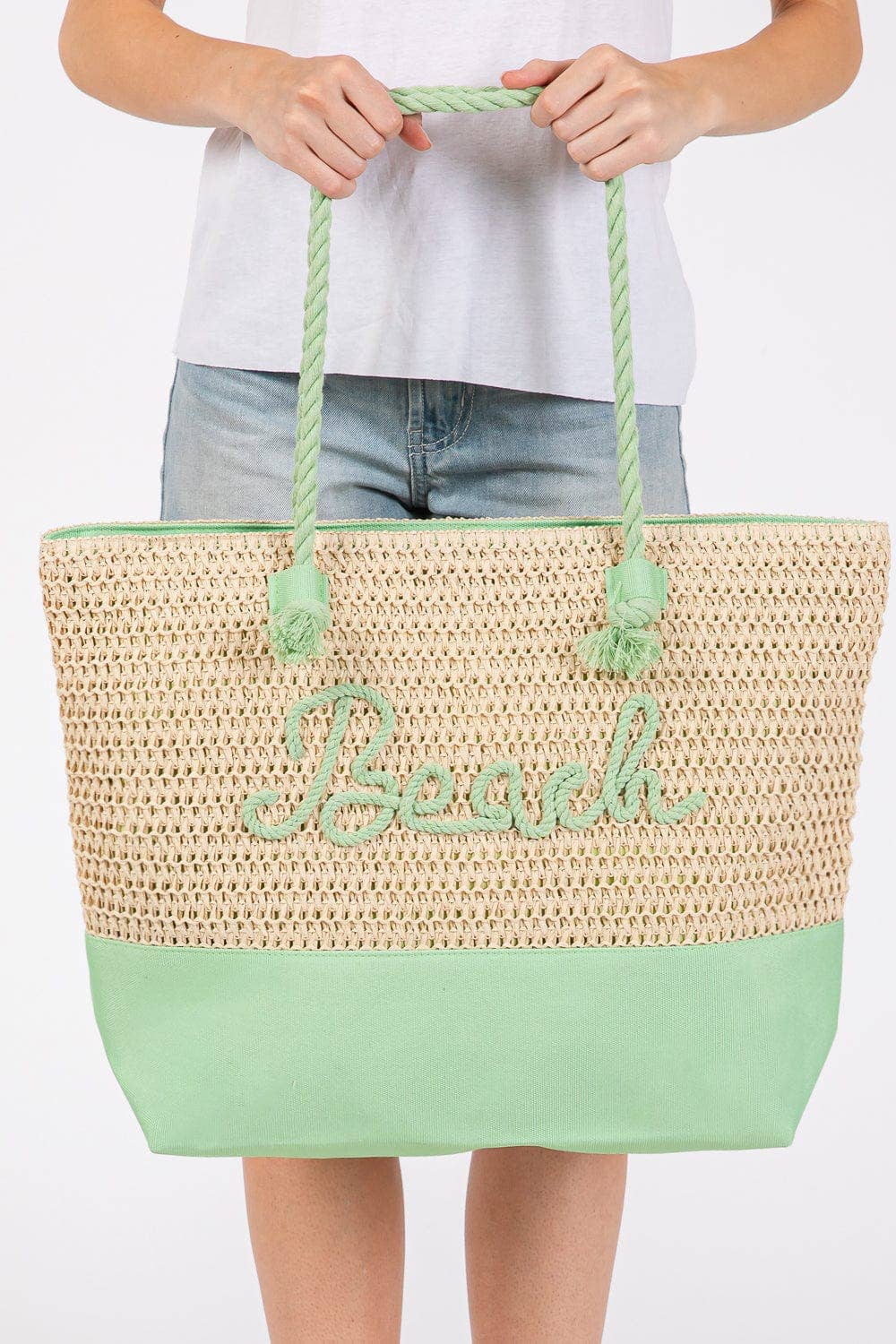 MB0266 Sewn Rope Beach Letter Color Straw Tote Bag: Hot Pink