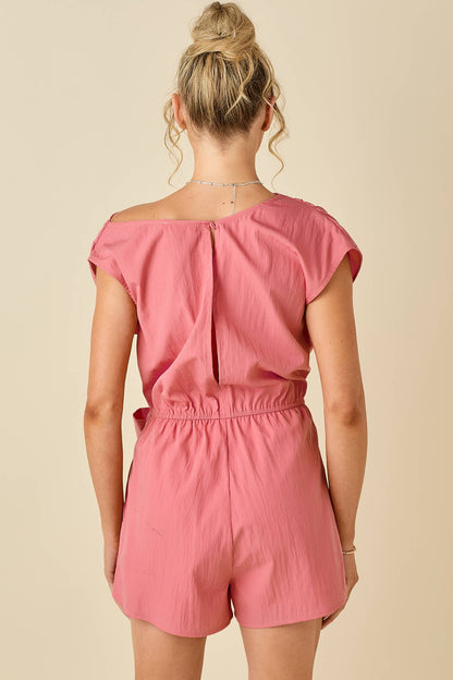 Draped unbalanced drop shoulder romper: AQUA / L
