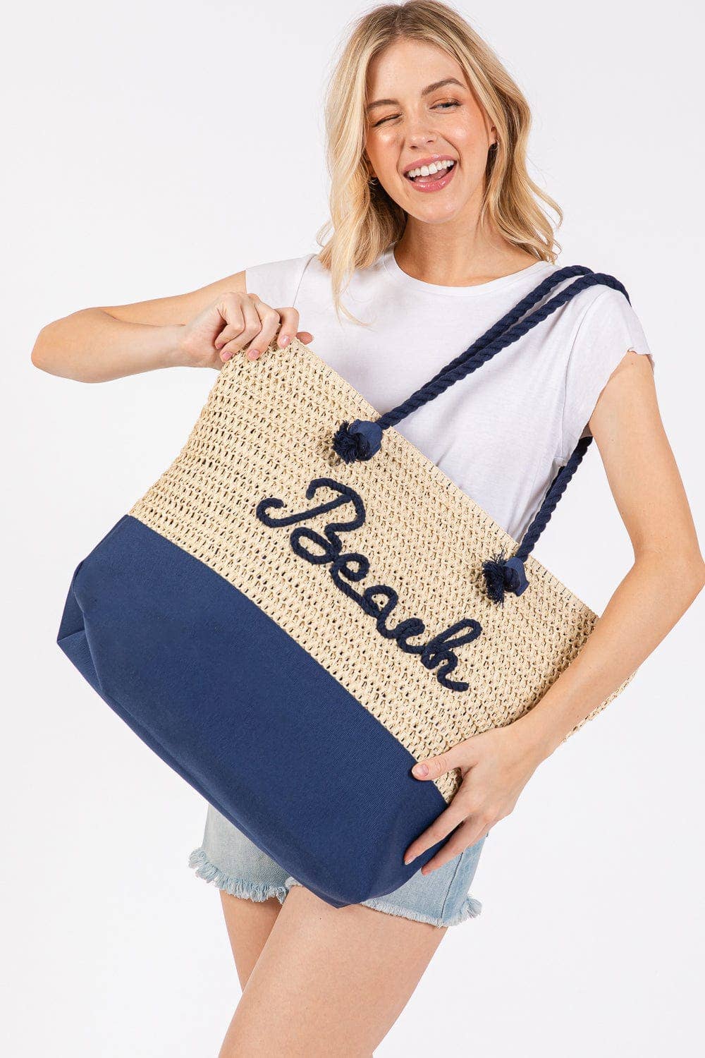MB0266 Sewn Rope Beach Letter Color Straw Tote Bag: Hot Pink