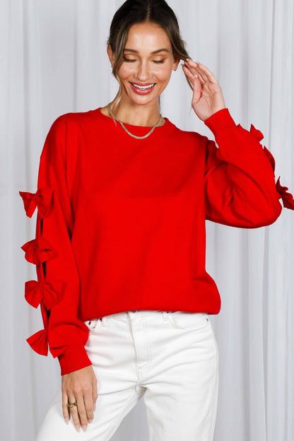 Bow Embellished Long-Sleeve Crew Neck Knit Sweater