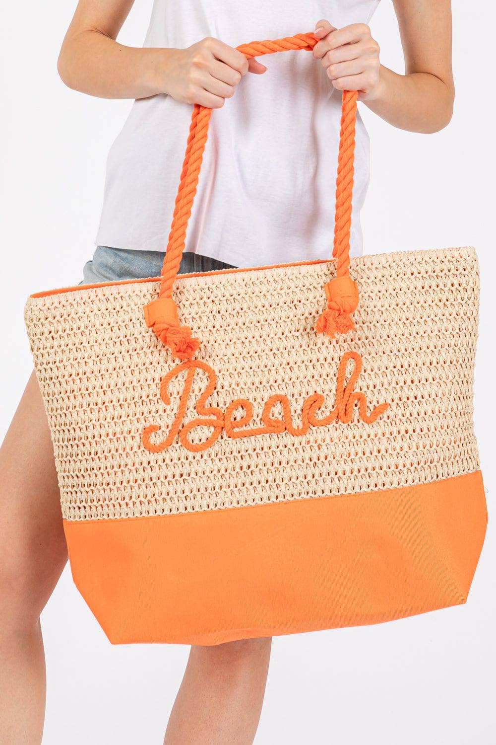 MB0266 Sewn Rope Beach Letter Color Straw Tote Bag: Hot Pink