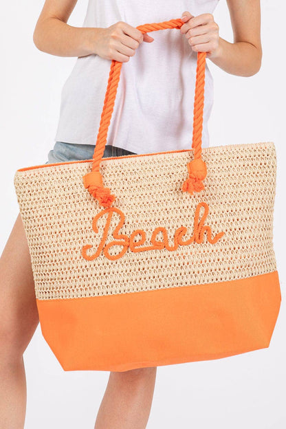 MB0266 Sewn Rope Beach Letter Color Straw Tote Bag: Hot Pink