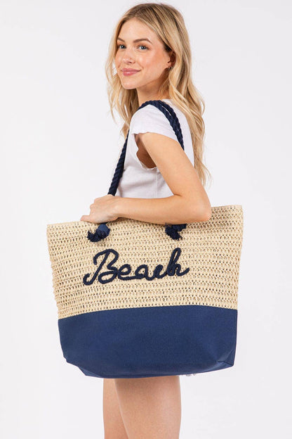 MB0266 Sewn Rope Beach Letter Color Straw Tote Bag: Hot Pink