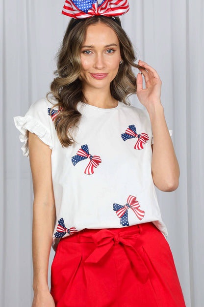 American Flag Bow Graphic Crew Neck 100% Cotton Top VT82411B: Red / M