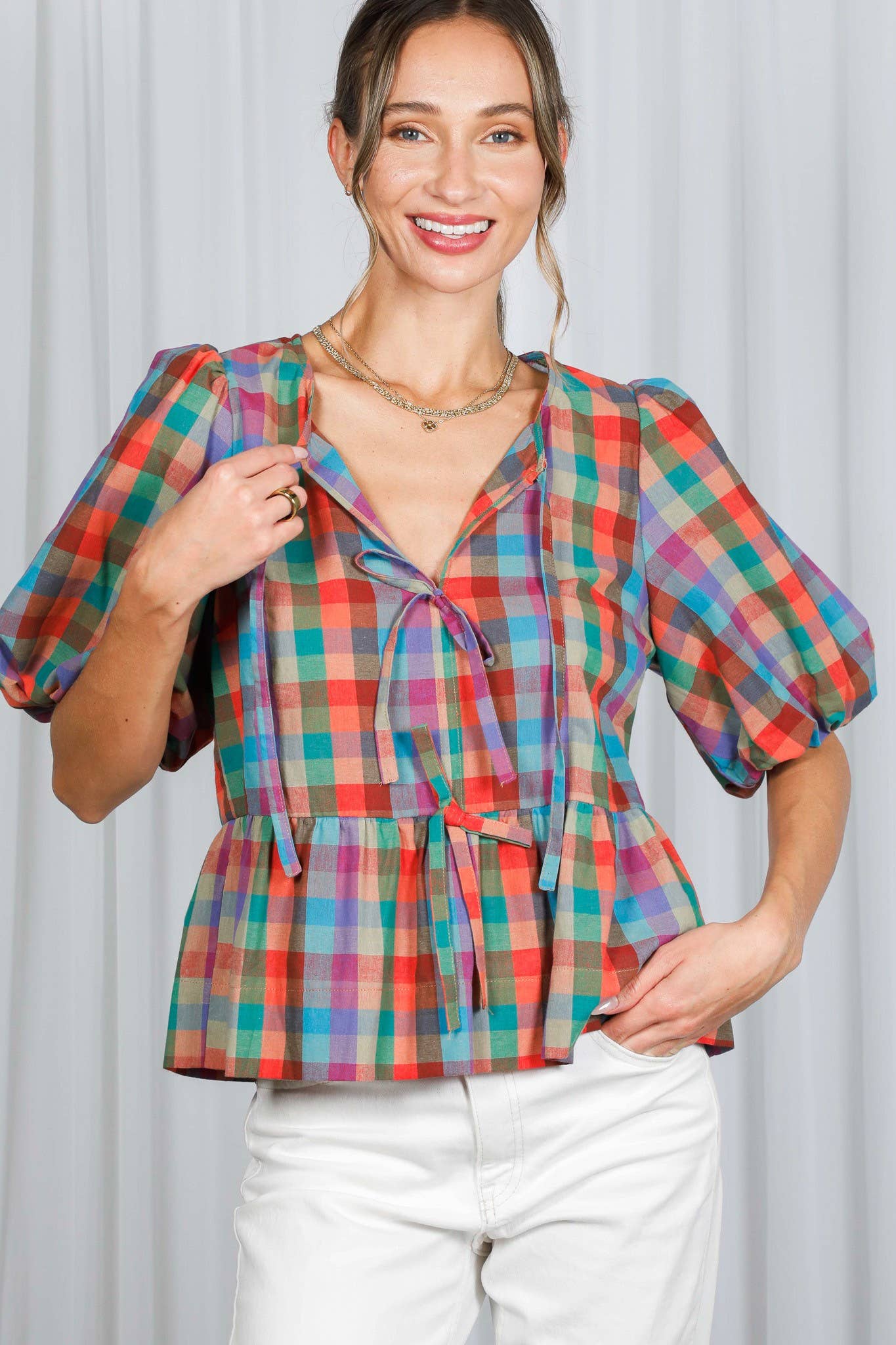 1/3 Open Self Tie Front Plaid Cotton Blouse VT82595A: Multi / S