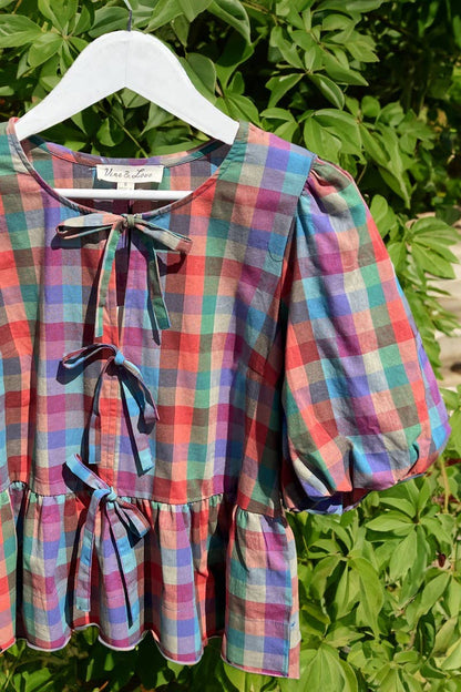 1/3 Open Self Tie Front Plaid Cotton Blouse VT82595A: Multi / S