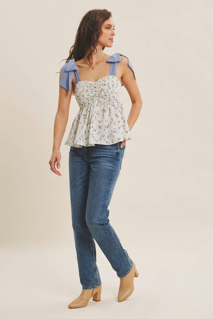 ROMANTIC FLORAL FLOWY SMOCKED TOP WITH BOW STRAPS : IVORY/BLUE / M