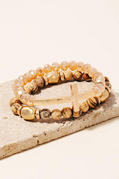 Cross Charm Stone Beaded Bracelet Set: BDWG
