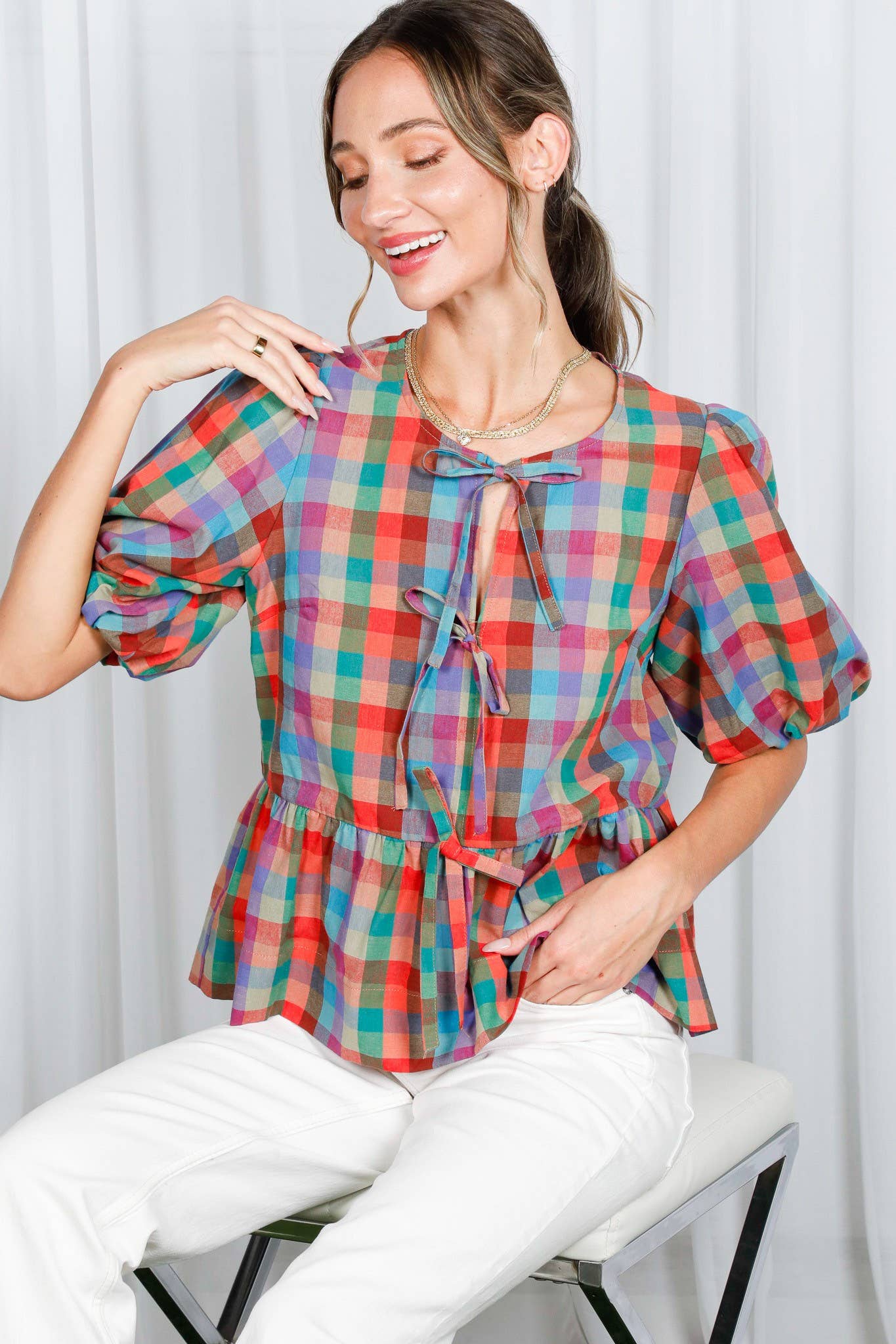 1/3 Open Self Tie Front Plaid Cotton Blouse VT82595A: Multi / S