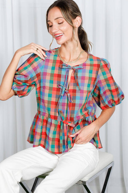 1/3 Open Self Tie Front Plaid Cotton Blouse VT82595A: Multi / S