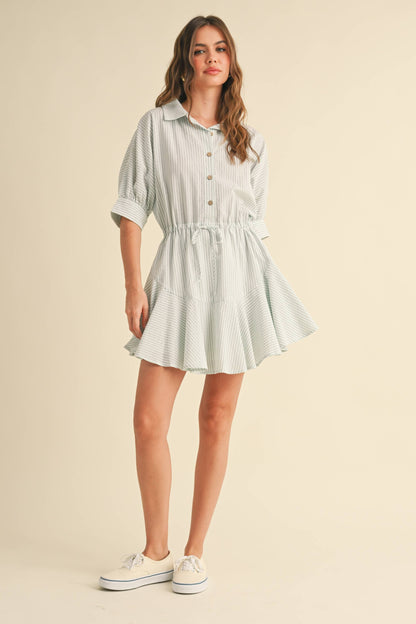 D2240   STRIPED PATTERN BUTTONDOWN SHIRT DRESS: SAGE STRIPE