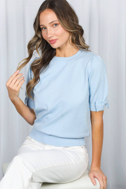 Bow Design Puff Sleeve Crew Neck Knitted Sweater Top VT82670: Blue / L