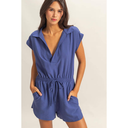 DZ25C253-Collared Romper with Buttonless Placket: BLACK / S-M-L(2-2-2)