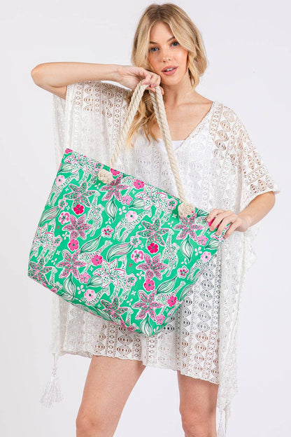 MB0311 Flower Print Rope Strap Tote Bag