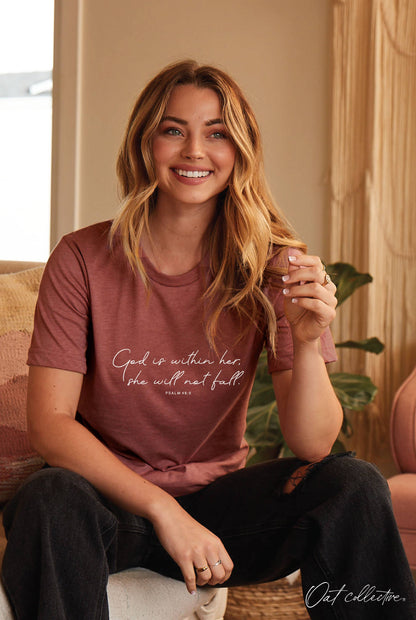 GOD IS WITHIN HER Graphic T-shirt: HEATHER MUAVE / L