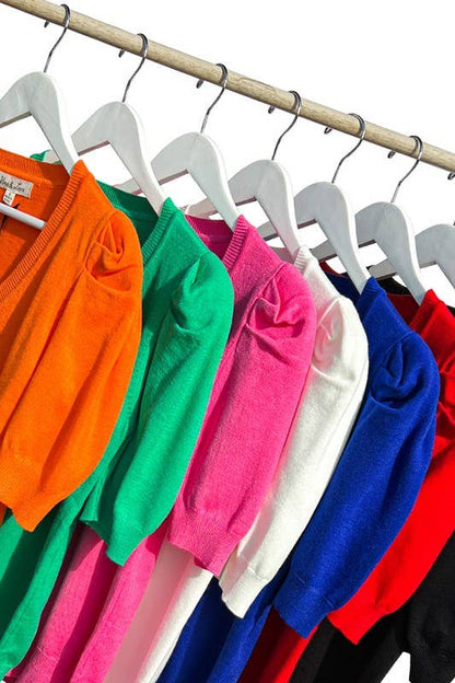 V-Neckline Short Puff Sleeve Knitted Sweater Top VT81349: Red / S
