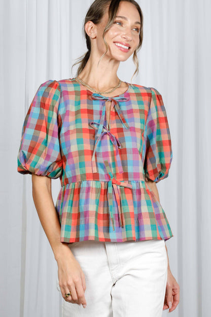 1/3 Open Self Tie Front Plaid Cotton Blouse VT82595A: Multi / S