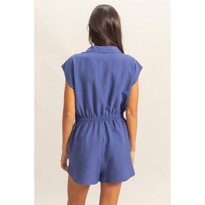 DZ25C253-Collared Romper with Buttonless Placket: BLACK / S-M-L(2-2-2)