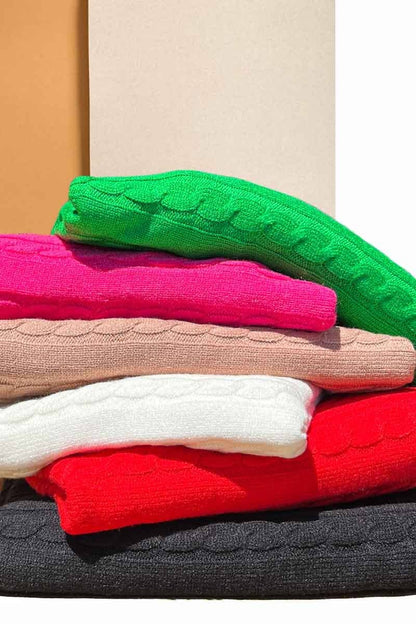 Boat Neck Dolman Sleeves Cable Knitted Sweater VT31753: GREEN / M