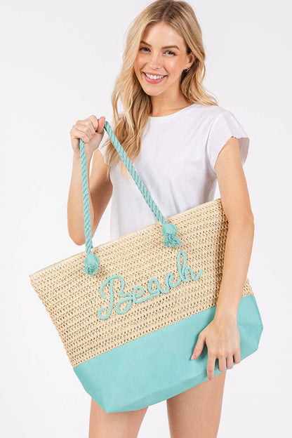 MB0266 Sewn Rope Beach Letter Color Straw Tote Bag: Hot Pink